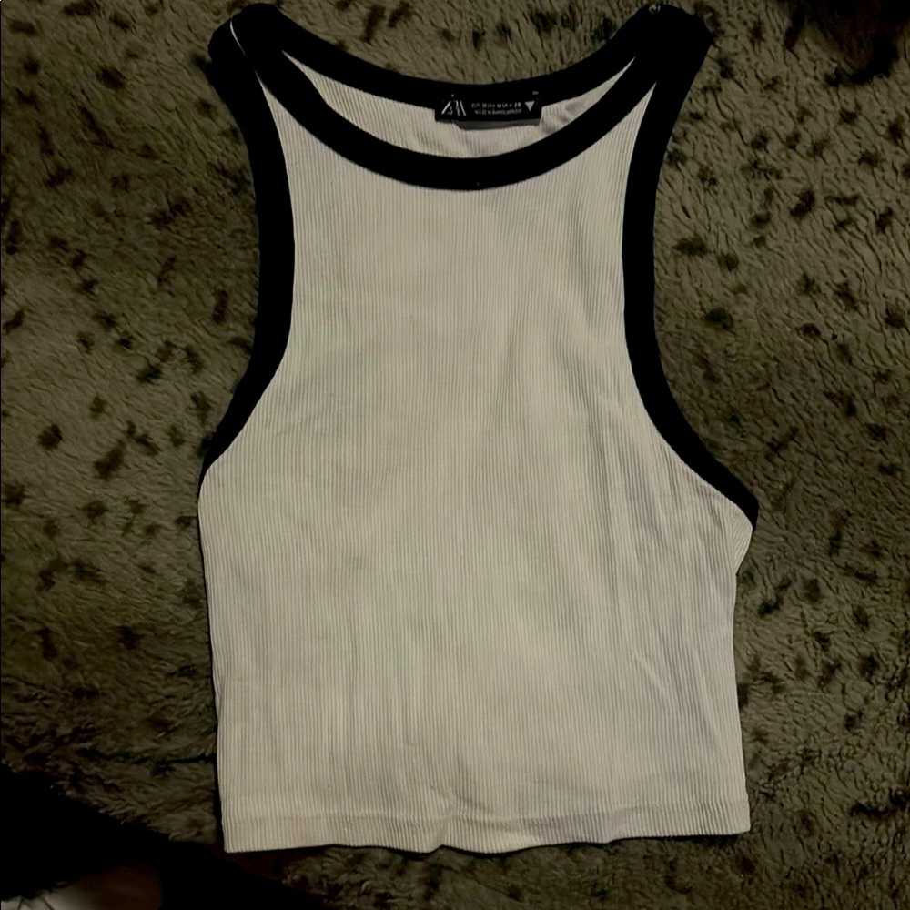 Zara Black and White Fitted Crop Tank Top